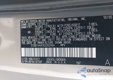 2006 Toyota Sequoia Sr5 V8 из США, поврежденный, VIN 5TDBT44A16S262464